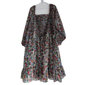 Lauren Conrad Green Floral Smocked Dress 4X Chiffon Ruffle Flowy Long Sleeve